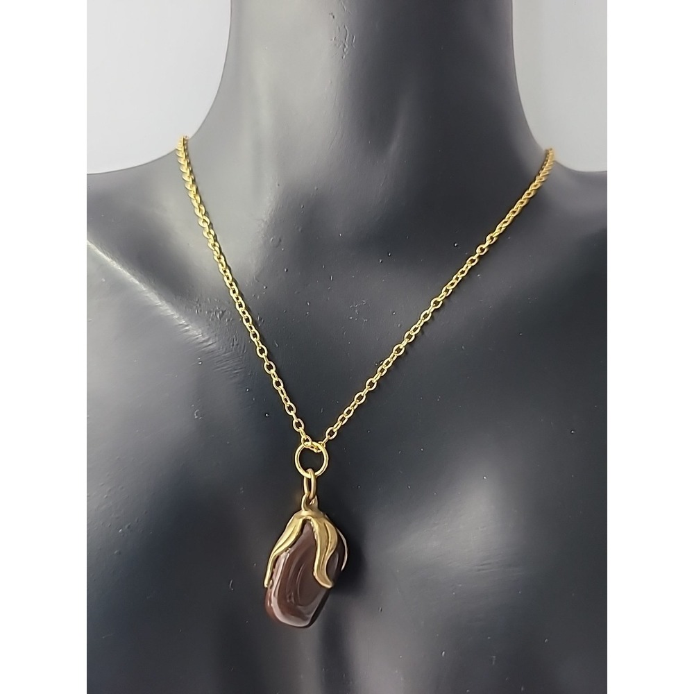 Vintage Gold Tone Brown Stone Pendant Necklace Minimalist Organic Design Jewelry